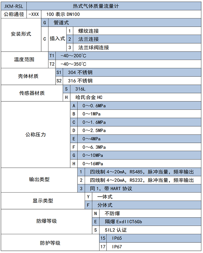 防爆熱式氣體質(zhì)量流量計(jì)選項(xiàng)表